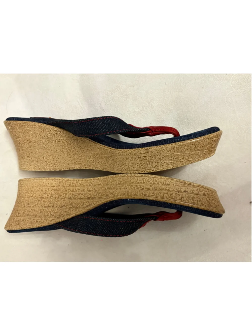 Women's Island Slipper Denim Wedge Sandals Size 11 Blue Red